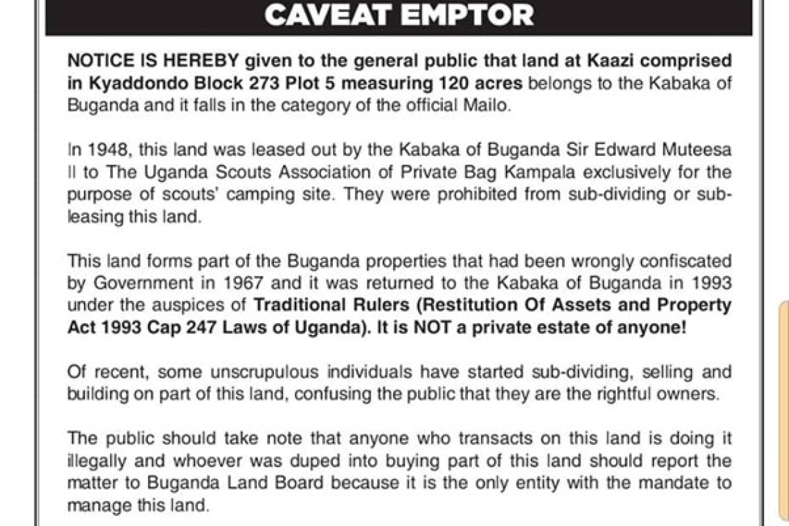 Buganda Kingdom Cautions Encroachers on Kaazi Land